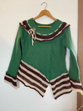 Green Knit Sweater with Brown and Cream Stripes